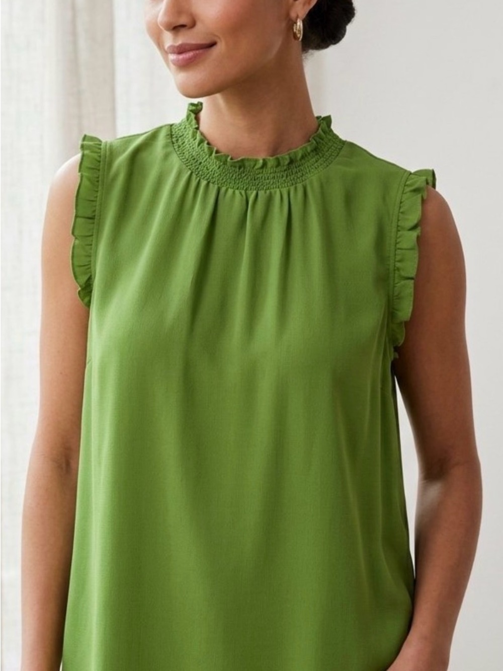 Ann Taylor Olive Green Smocked Ruffle Neck Sleeveless Top